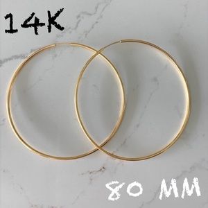 14K Yellow Gold Thin Endless Hoop Earrings, 80mm